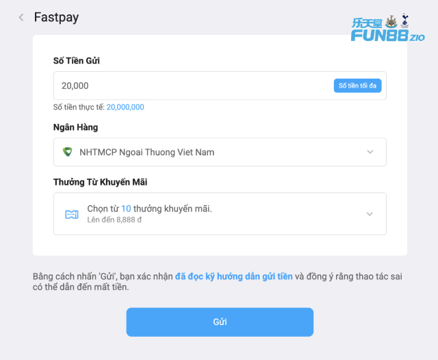 Nạp tiền Fun88 qua Fastpay hoặc QR Pay đơn giản
