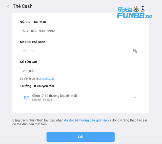 Nạp tiền Fun88 qua thẻ Cash với hướng dẫn dễ hiểu